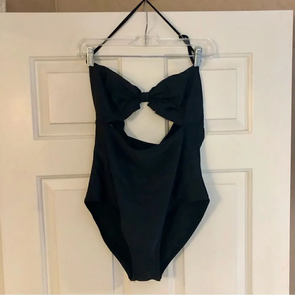 Women’s Black One-Piece Swimsuit Size Large Cutout, Scalloped Trim around Bust